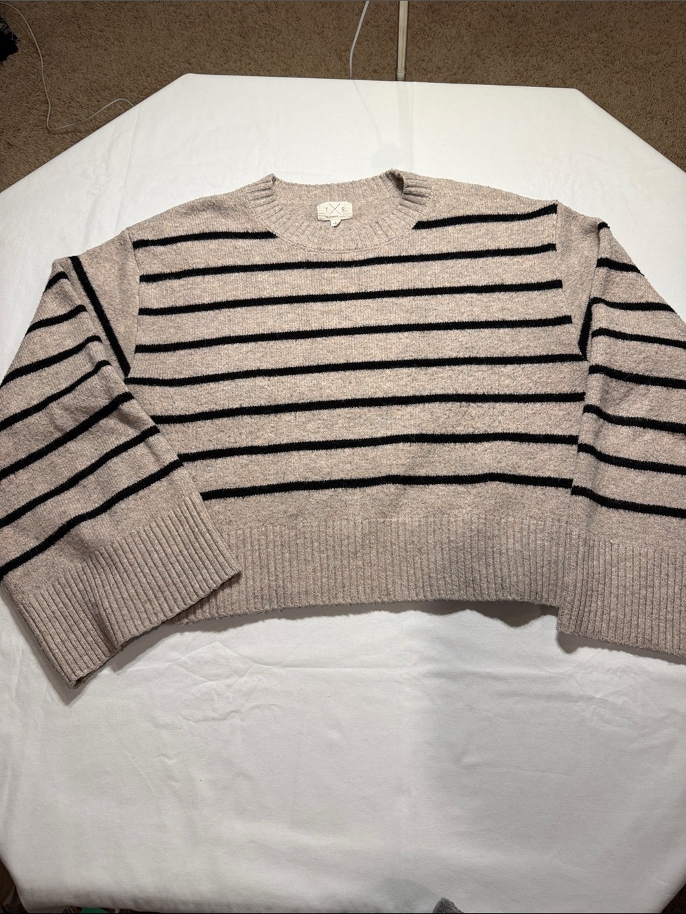 Thread & Supply Beige Crewneck Sweater with Black Stripes Wide Sleeves Large